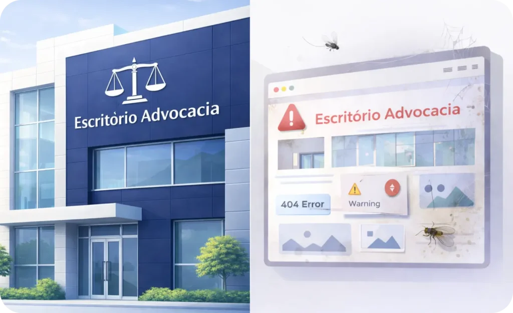 Comparação entre um escritório de advocacia moderno e bem estruturado e seu site desatualizado, com erros 404, alertas de segurança e aparência abandonada