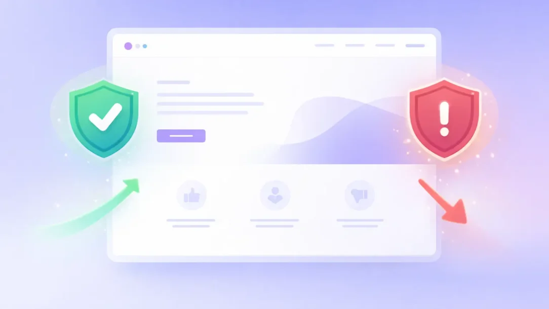 Ilustração de um site institucional em destaque, com elementos visuais que representam confiança e alerta, simbolizando como um site pode fortalecer ou enfraquecer a reputação de uma empresa.