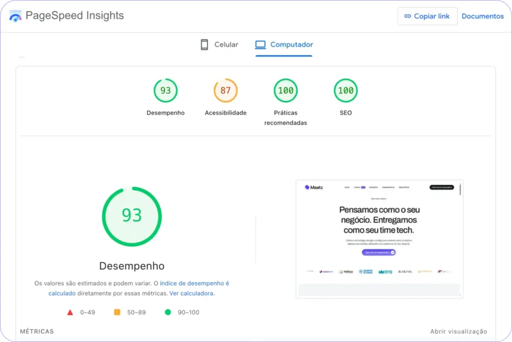 Resultado do PageSpeed Insights mostrando pontuação 93 em desempenho, 87 em acessibilidade, 100 em práticas recomendadas e 100 em SEO
